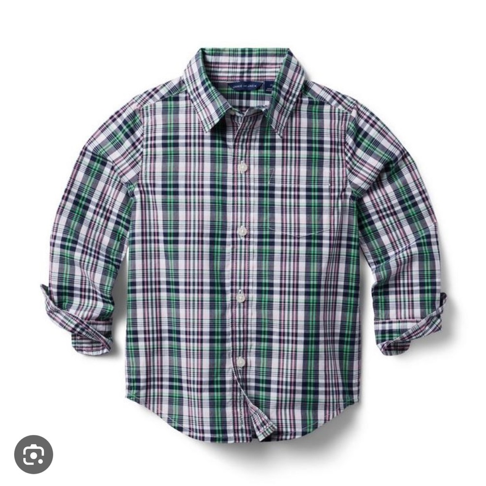 Janie and Jack boys size 5 plaid poplin shirt pink/green/navy/white